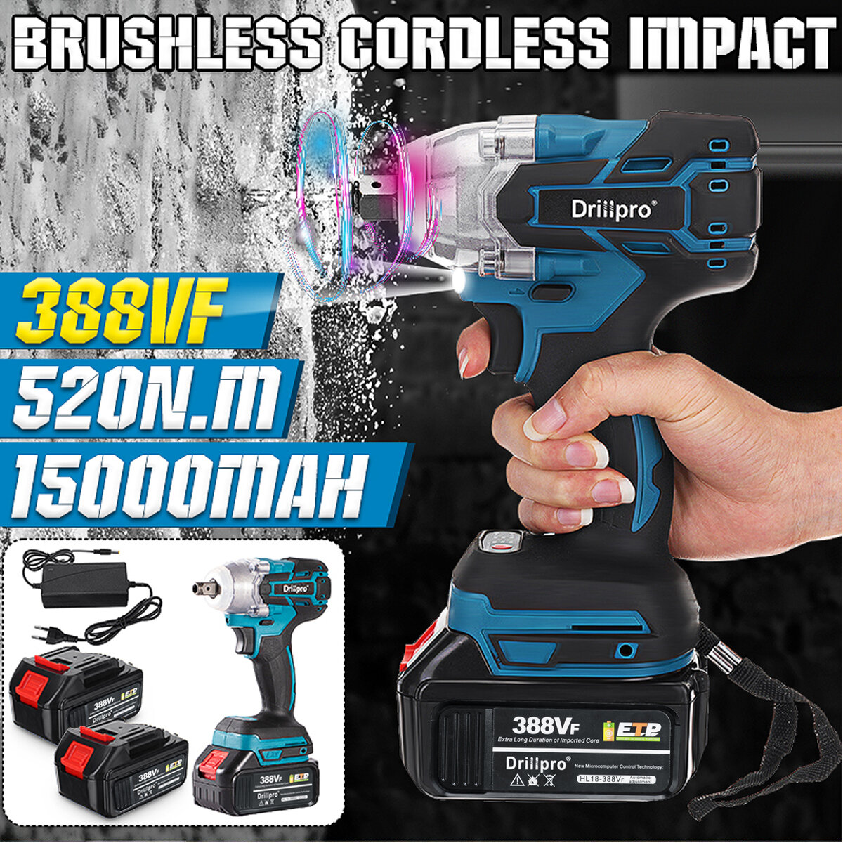 Drillpro 388VF 2 in1 520N.M Brushless Impact Cordless Electric Wrench Power Tool W/ 1/2 x Battery COD