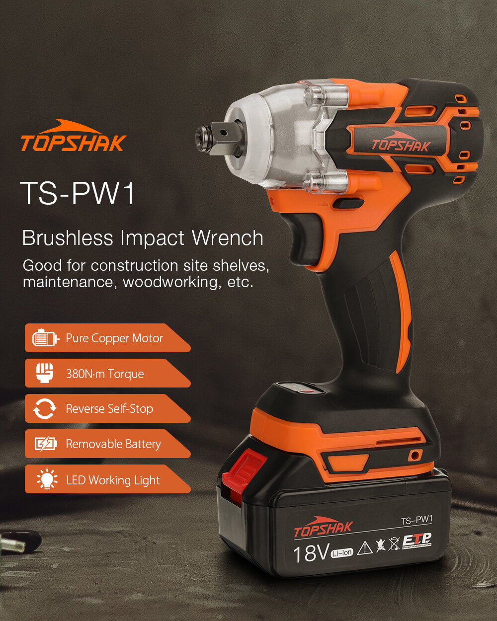 Topshak TS-PW1A 380N.M Brushless Electric Impact Wrench LED Working Light Rechargeable Woodworking Maintenance Tool W/ Battery Also For Mak COD