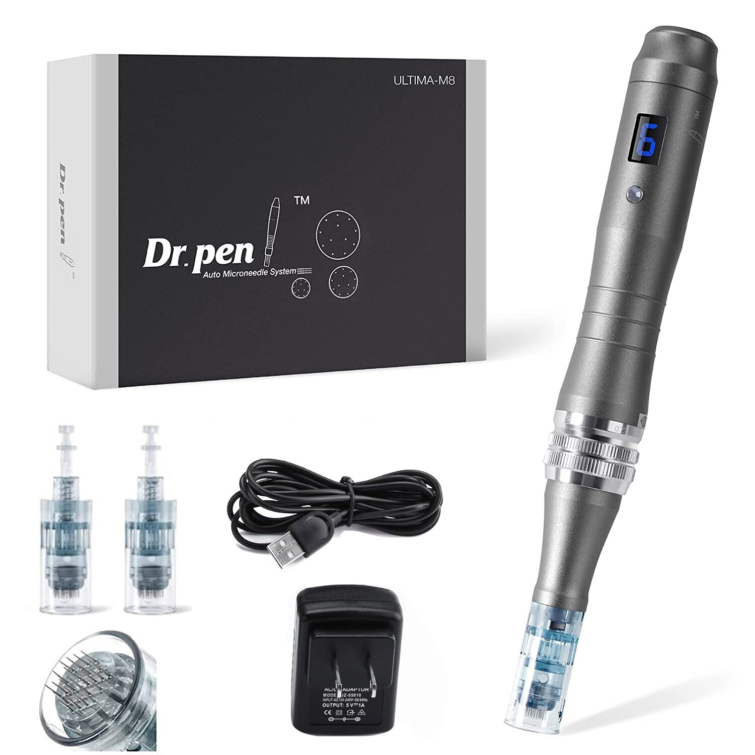 Dr. Pen Ultima M8 Professional Micro Needling Pen with Digital Display Adjustable Needle Length 0-0.3mm Aluminum Skin Care Beauty Pen Home Use Cordless Device 2 x 16-Pin Cartridges Included