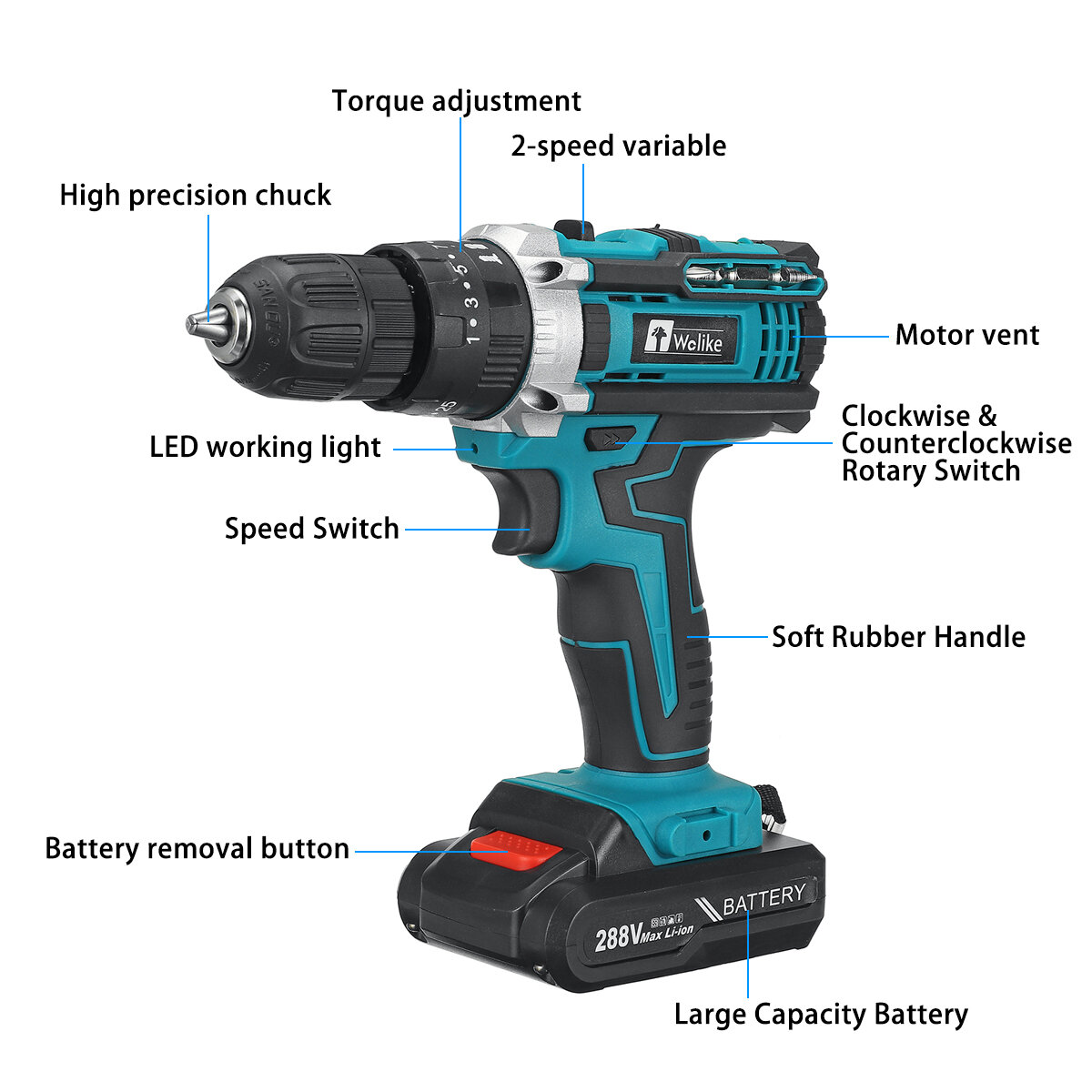 Wolike 10mm Electric Drill 25+3 Torque Adjustment Switch Stepless Speed W/1/2pc Battery AU/EU/US Plug COD