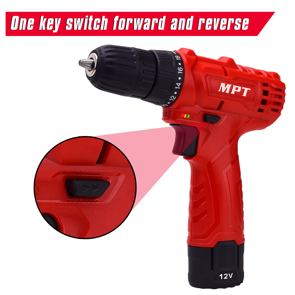 MPT 12V Rechargable Li-ion Cordless Drill Power Dirll 18+1 Torque Cordless Electric Drill Set LED Lighting Screw Driver Tool With 1 Battery & Charger COD